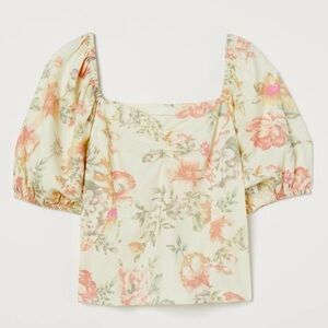 H&M Linen Blend Fitted Top Puff Sleeves Small Floral Neutral Muted Summer Multi